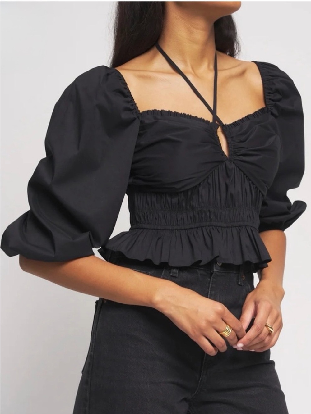 Bailey 44 Shani Black Smocked Peplum Halter Puff Sleeve Top XL NWOT